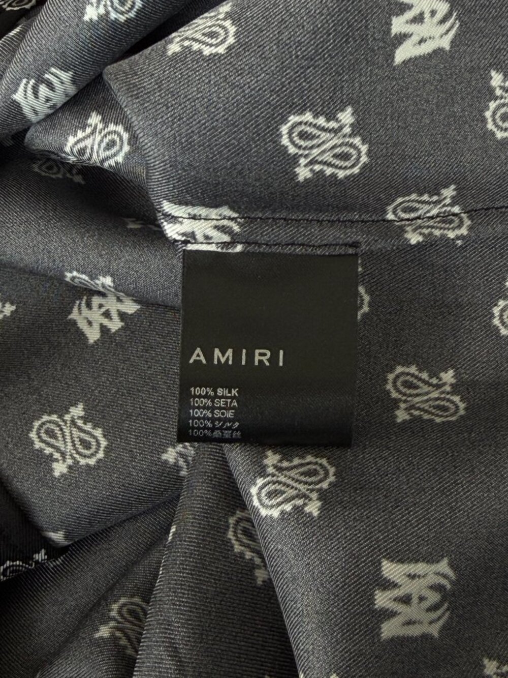 Amiri Black & White Paisley MA Logo Silk Button Up Short - Picture 4 of 5